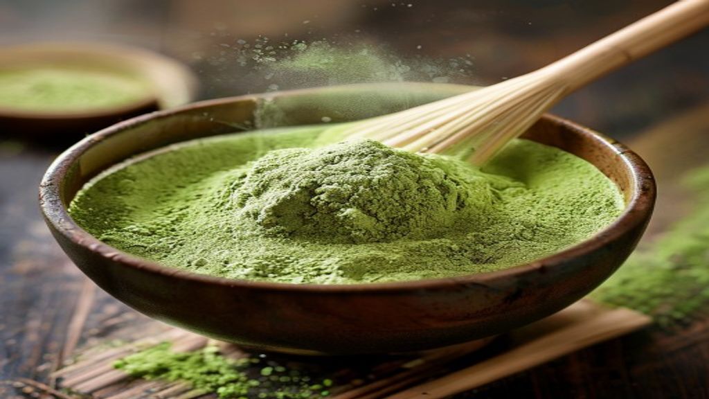 Matcha powder being whisked in a bowl with a bamboo whisk, vibrant green froth