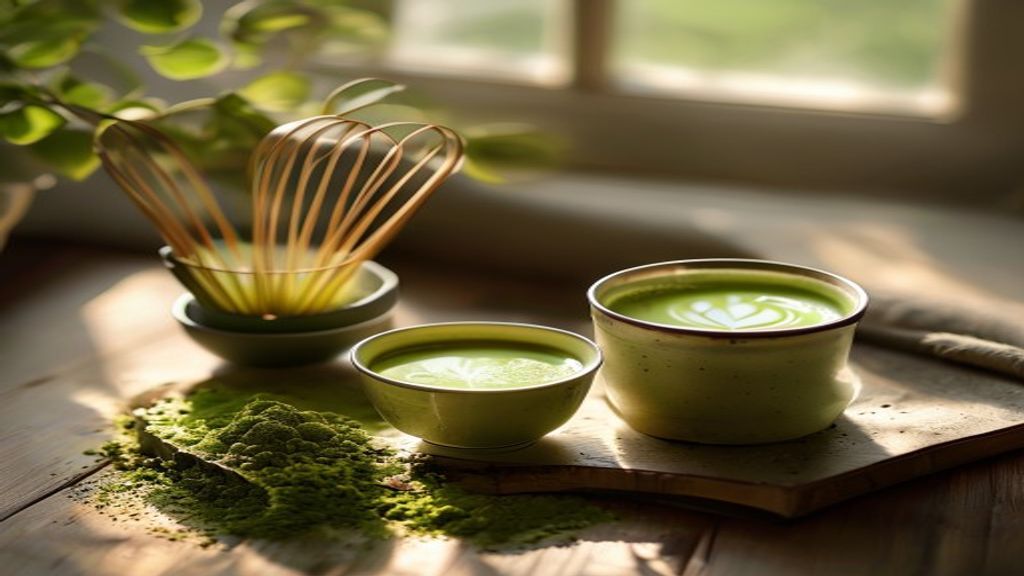 A cozy at-home matcha setup, whisk, sifter, tin of green powder, and a finished latte