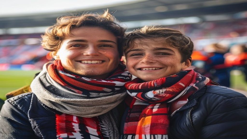 A parent and child at a football match, both wearing scarves, smiling, stadium in the background