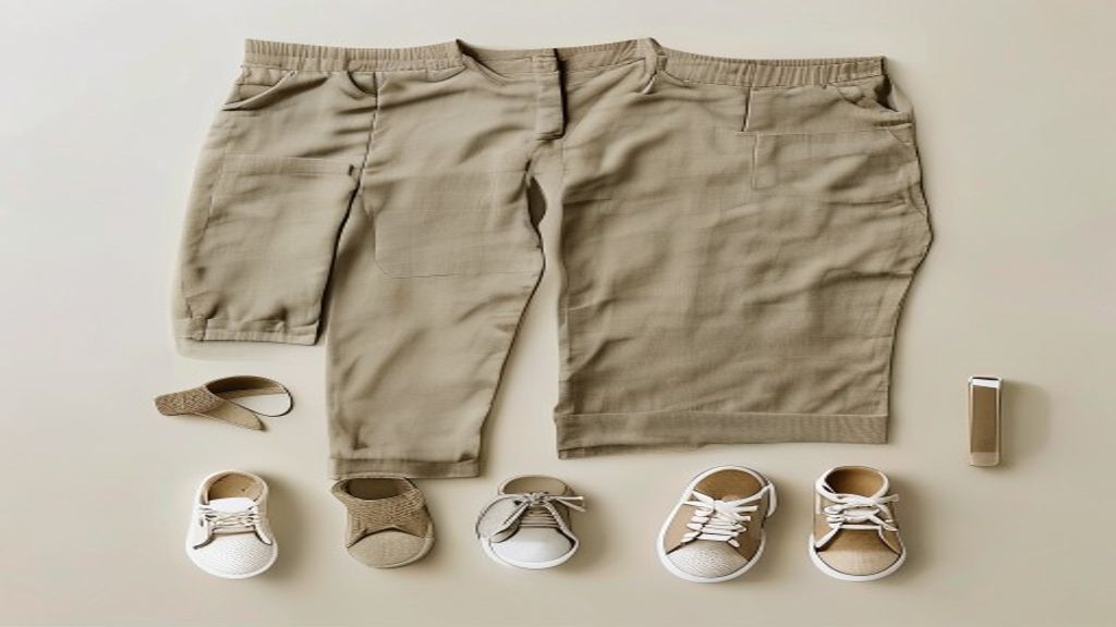 A flat-lay of a simple personal-uniform formula, trousers, tee, knit, simple shoes, neutral tones