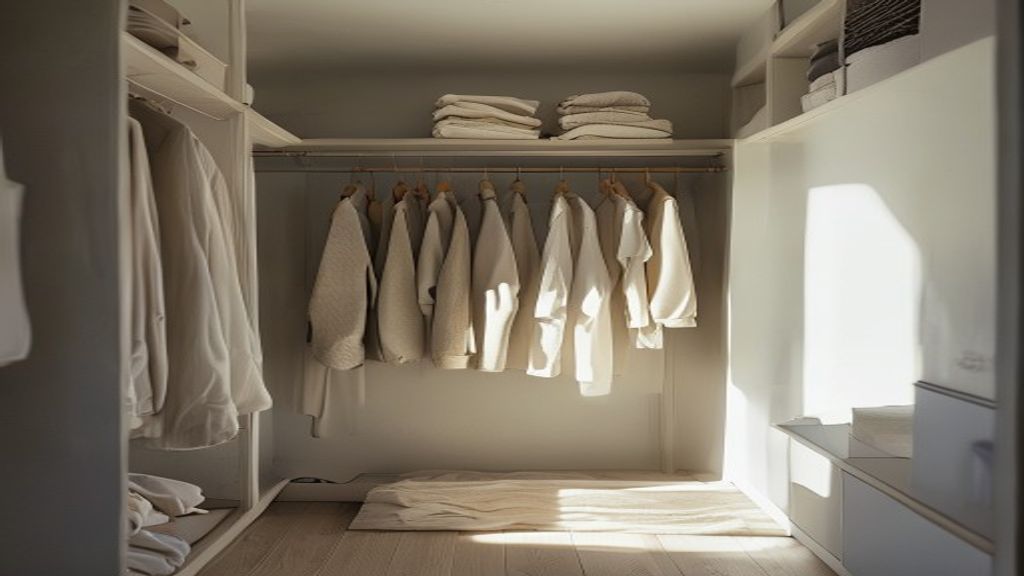 A minimal, organized closet with a small number of coordinated pieces, calm and tidy