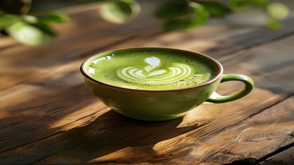 A vibrant green matcha latte in a ceramic cup on a wooden table, soft morning light