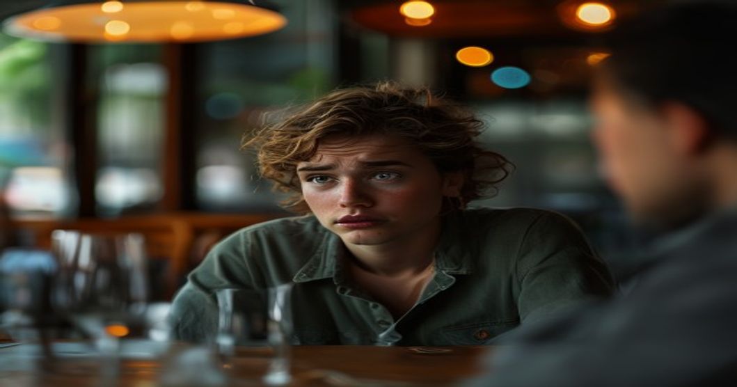 A person on a date looking suddenly uncertain across the table, subtle discomfort