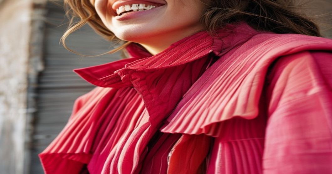 A close-up of a joyful color-clash outfit, pink and red layered together