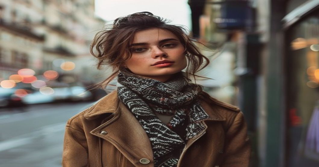 A person wearing a stylish, clearly individual secondhand outfit on a city street, confident