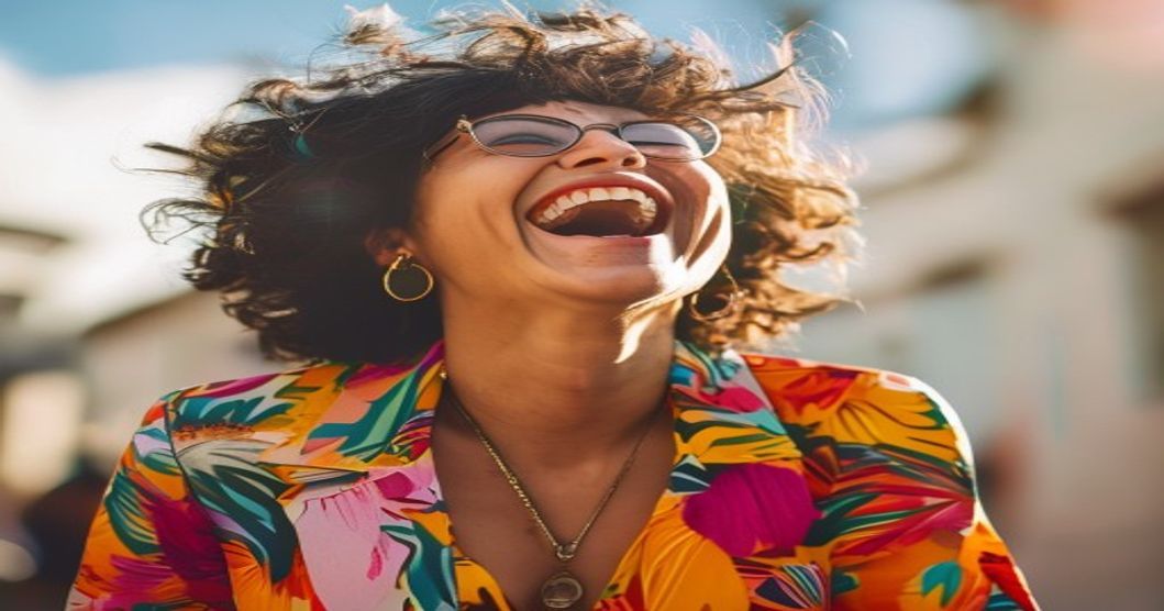 A person laughing in a vibrant outfit, full of energy and confidence, sunny day