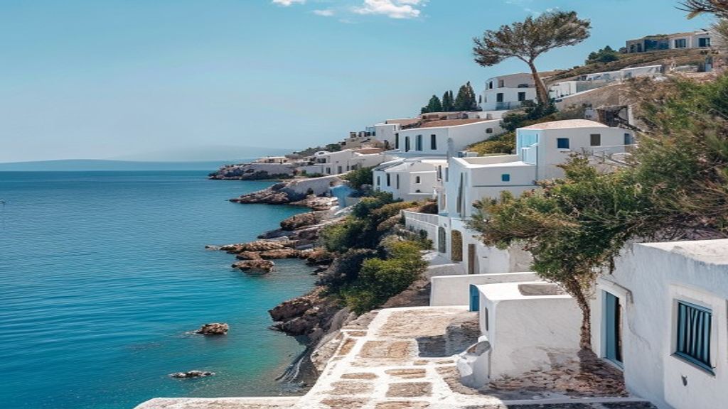 A quiet, beautiful Greek island village with white buildings and blue sea, almost no crowds
