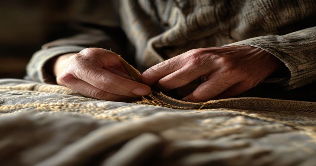 A close-up of hands inspecting the fabric and stitching of a vintage shirt