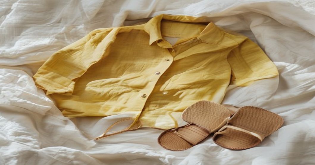 A flat-lay of a butter-yellow linen shirt, straw bag, and woven sandals on a white bedspread