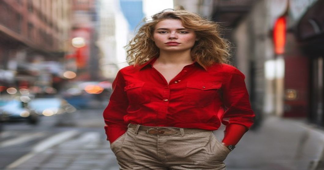 A person wearing a bold red shirt with neutral trousers, confident on a city street