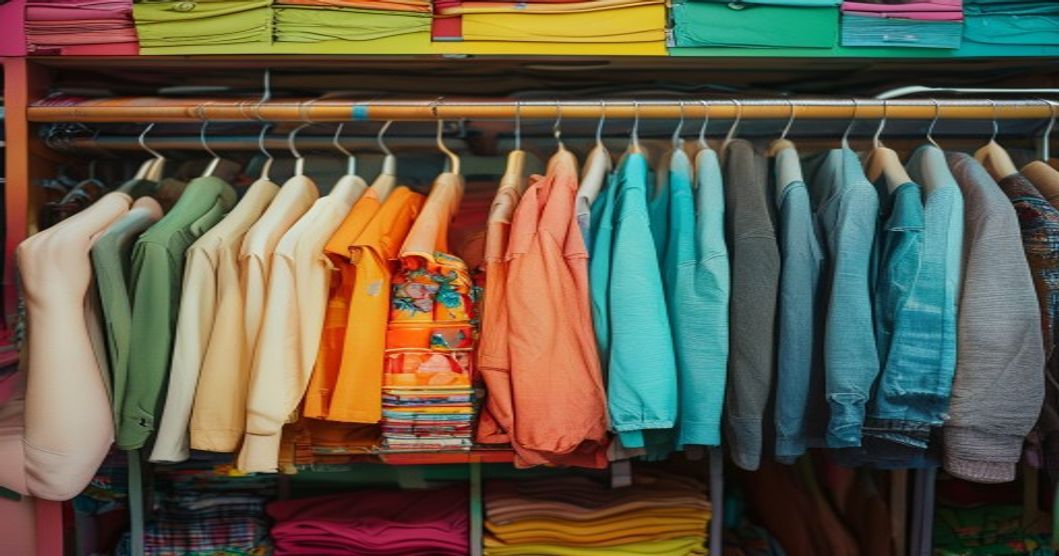 A colorful rack of secondhand clothes in a bright thrift store, hands flipping through hangers