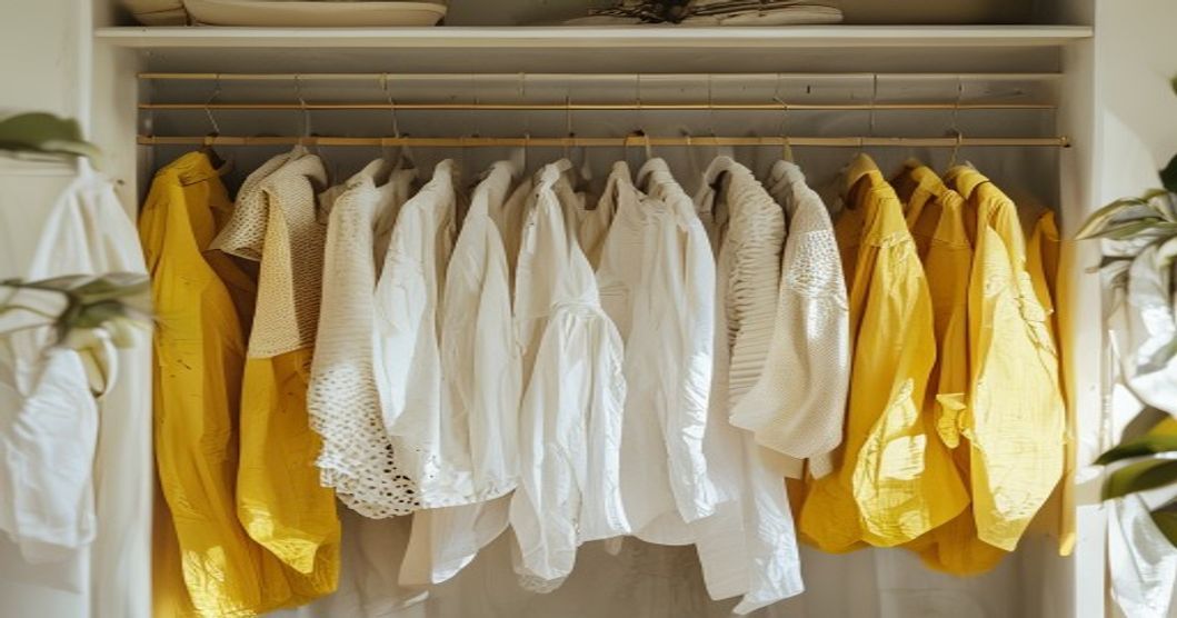 A tidy capsule of summer pieces hung on a rack, dominated by yellows, whites, and natural tones