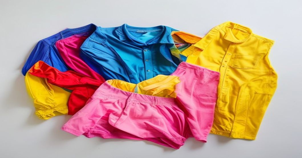 A bright flat-lay of colorful clothing, red, cobalt, butter yellow, pink, against a white background